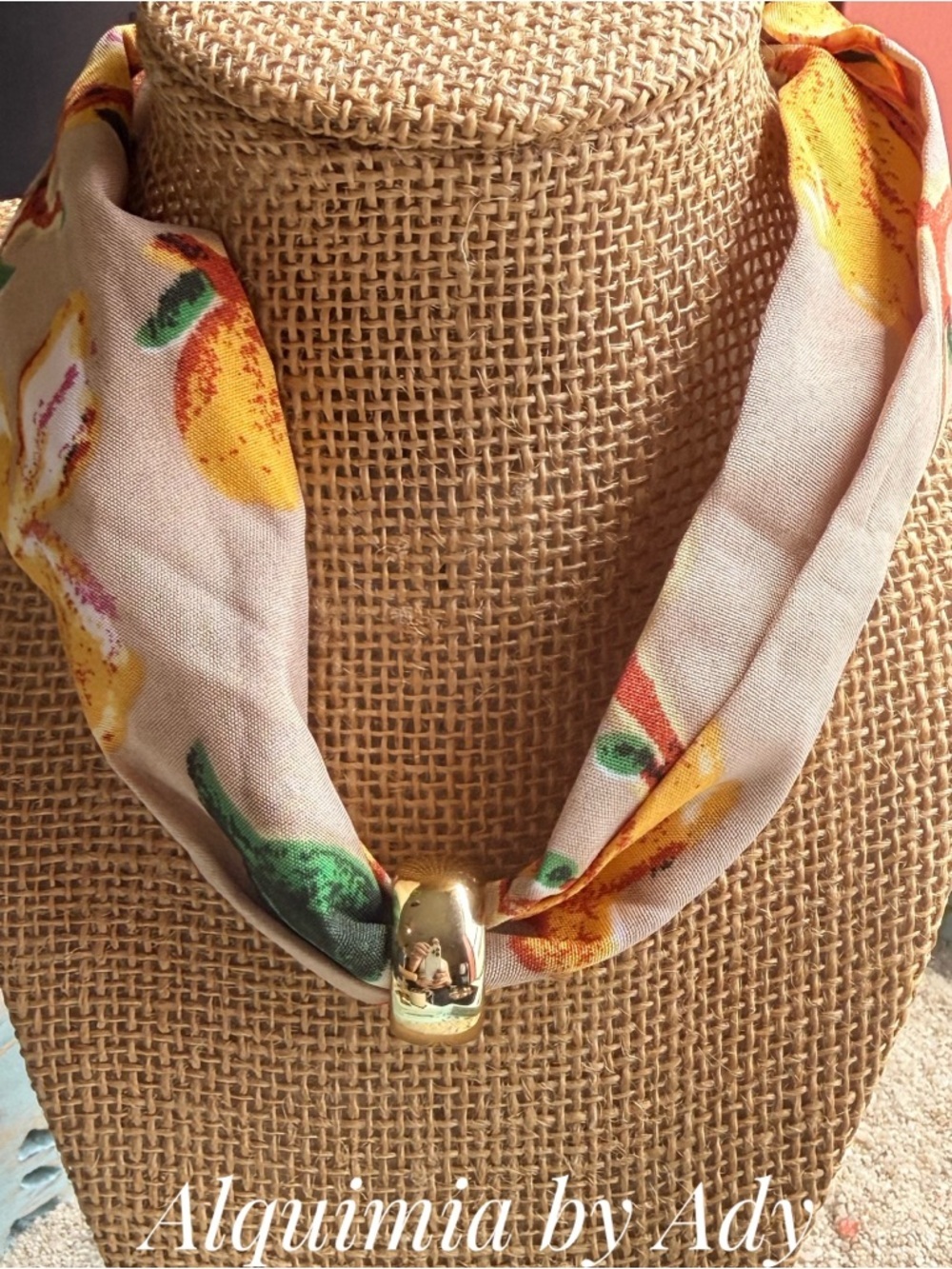 Alquimia Cream Scarf Necklace with Yellow and Green Print and Gold Accent